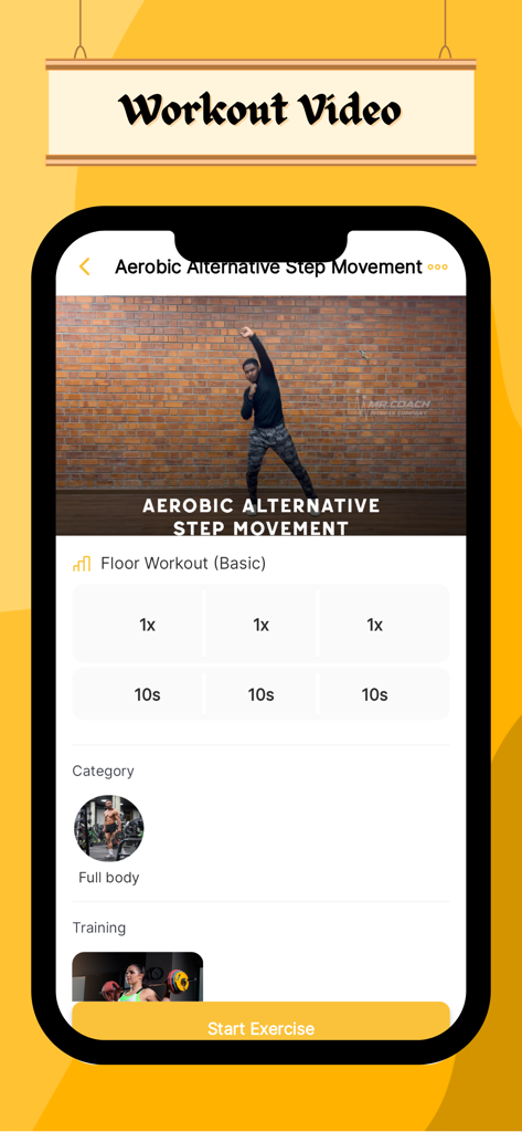 Mr Coach - Tela do aplicativo Mr Coach mostrando um vídeo de treino alternativo aeróbico de subida de degrau com detalhes de treinamento.