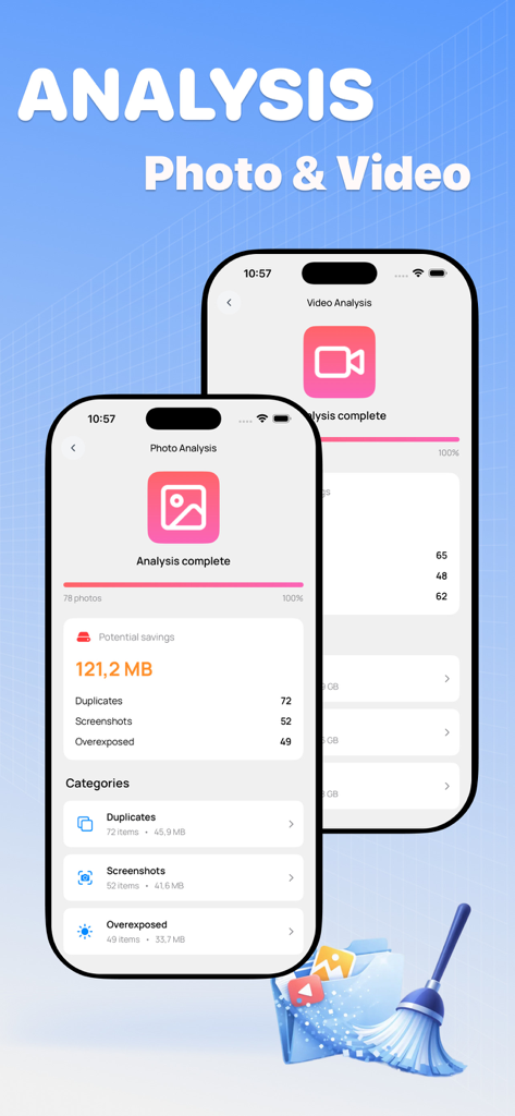 Clearboost - AI Junk Detection - Interfaz de la aplicación Clearboost que muestra los resultados del análisis de fotos y videos de duplicados, capturas de pantalla y medios sobreexpuestos