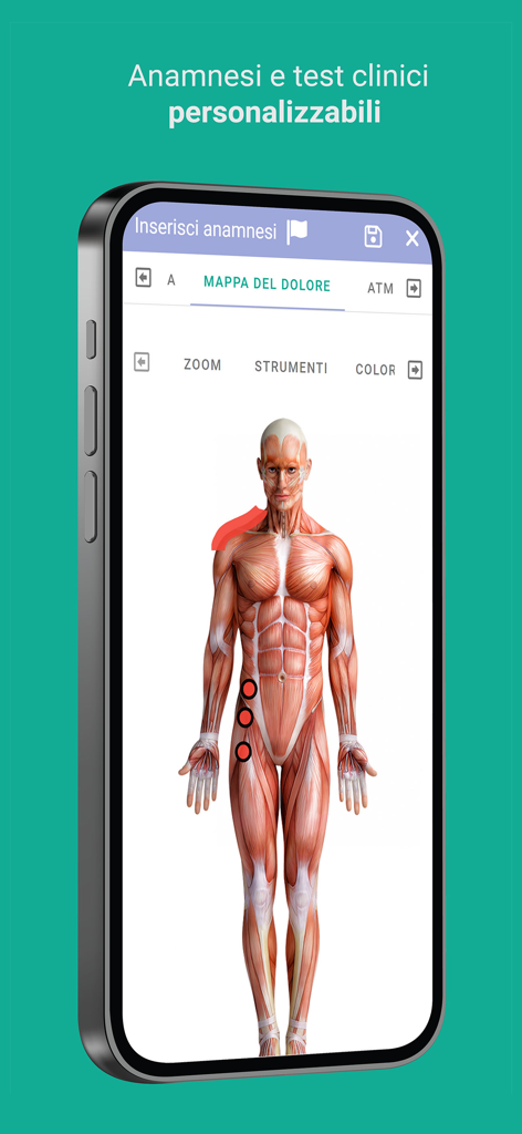 Interfaccia dell'app mobile OsteoEasy che mostra un modello anatomico umano per la mappatura personalizzata del dolore e test clinici.