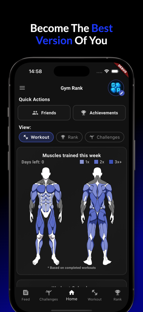 Panel de la aplicación Gym Rank que muestra un mapa de calor muscular para rastrear el progreso del entrenamiento semanal en un diagrama del cuerpo humano.