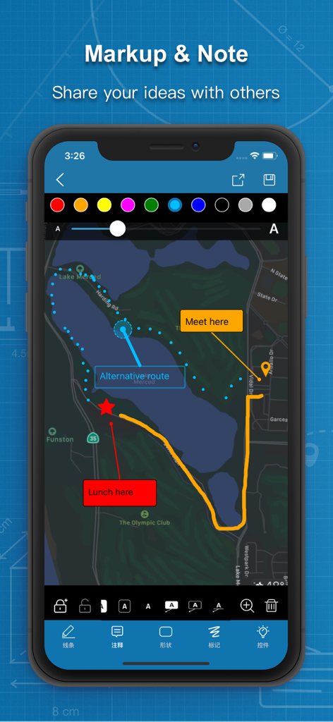 Uma captura de ecrã a mostrar um mapa com anotações coloridas e notas de texto para partilhar ideias na aplicação Photos Measure.