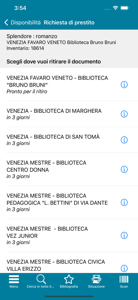 BinP - Pantalla móvil que muestra una lista de ubicaciones de bibliotecas en Venecia para recoger libros.