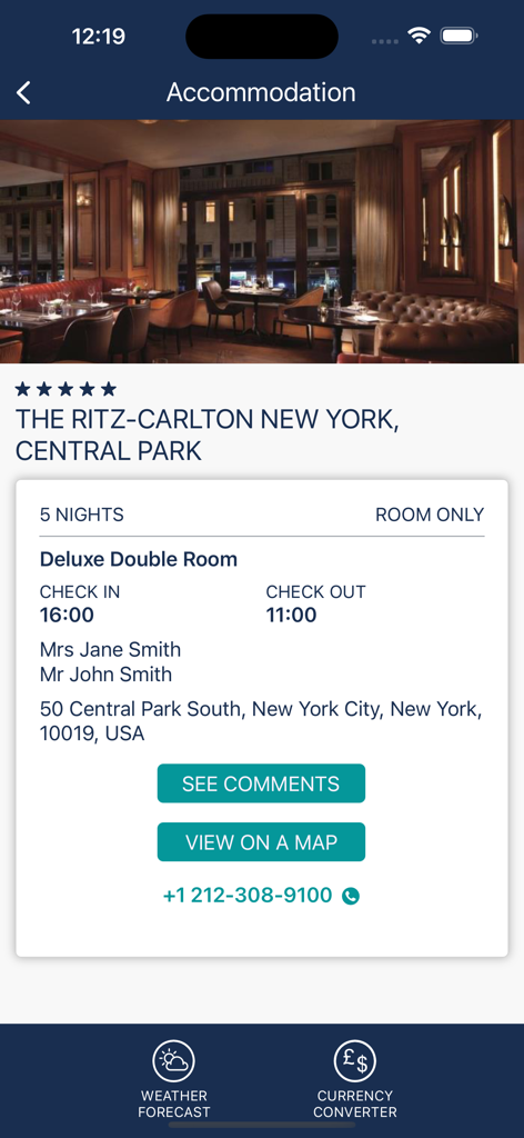 A mobile screen showing hotel itinerary details for the Ritz-Carlton New York in the Supertravel app