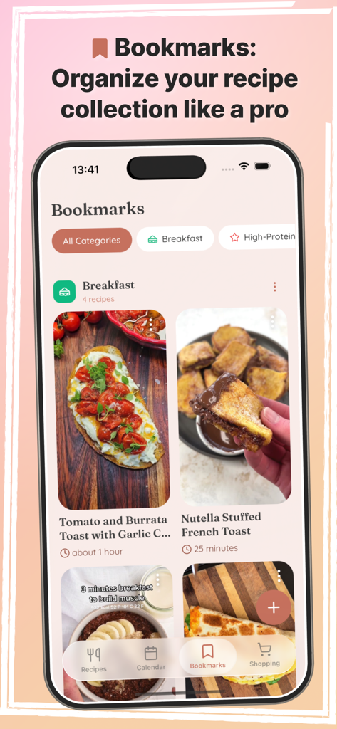 Whisk: Recipe Keeper & Planner - Whisk app bookmarks screen displaying organized recipe collections with categories like breakfast and high protein