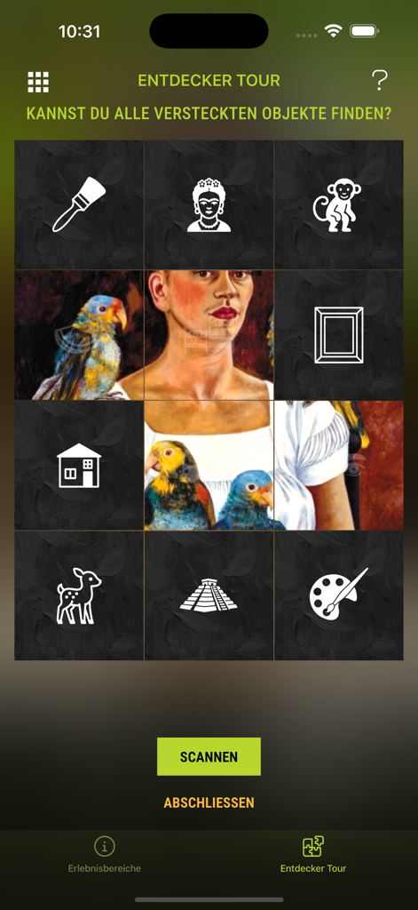 Alegria Exhibition - A mobile app interface for an art scavenger hunt showing a grid of icons and a partially revealed painting of Frida Kahlo