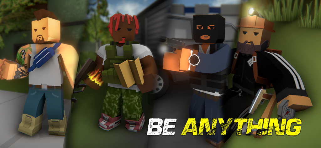 The Outlands 2 Zombie Survival - Una muestra de diversos personajes low-poly en The Outlands 2 Zombie Survival destacando el lema 'Sé lo que quieras'.