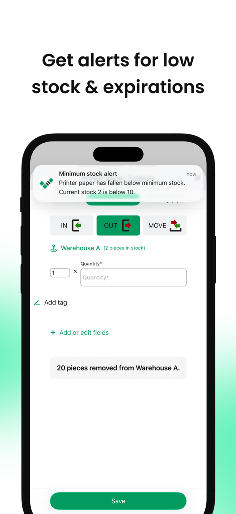 Mobile inventory app displaying a low stock notification on an iPhone screen.