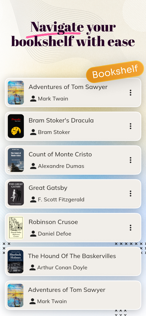 A list of books in the Book Tracker app virtual library view
