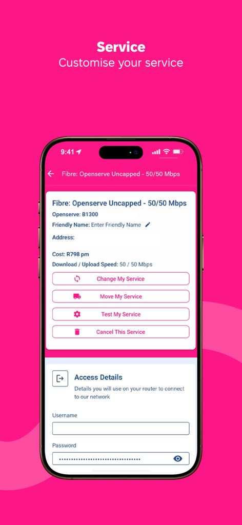 Webafrica app - Webafrica app interface showing fibre service details and management options like change move and test service