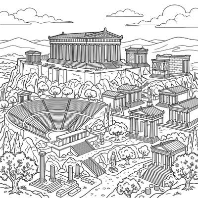 Immerse yourself in the grandeur of classical civilization with this intricate Greek Ruins coloring page, showcasing majestic ancient temples and theaters. Designed specifically for seniors, its clear outlines and engaging theme offer a relaxing and cognitively stimulating creative experience.
