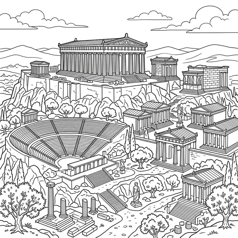 Immerse yourself in the grandeur of classical civilization with this intricate Greek Ruins coloring page, showcasing majestic ancient temples and theaters. Designed specifically for seniors, its clear outlines and engaging theme offer a relaxing and cognitively stimulating creative experience.