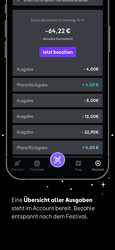 OMR - A screenshot of the OMR app account page showing a list of festival expenses and deposit refunds with a total balance and a pay now button