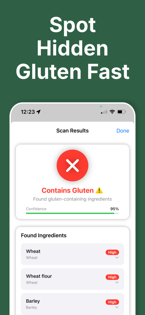 GF Scanner app screen showing a Contains Gluten warning with a list of detected ingredients like wheat and barley.