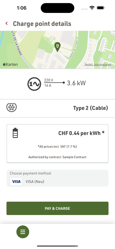 M-Charge - M-Charge mobile App-Bildschirm mit Details zur Ladestation für Elektrofahrzeuge und Zahlungsoptionen