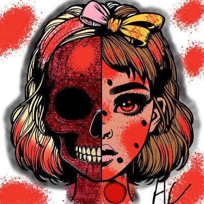 realistic girl with half skull mask