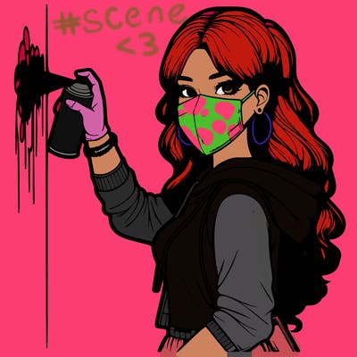 realistic girl with mask spray painting a wall