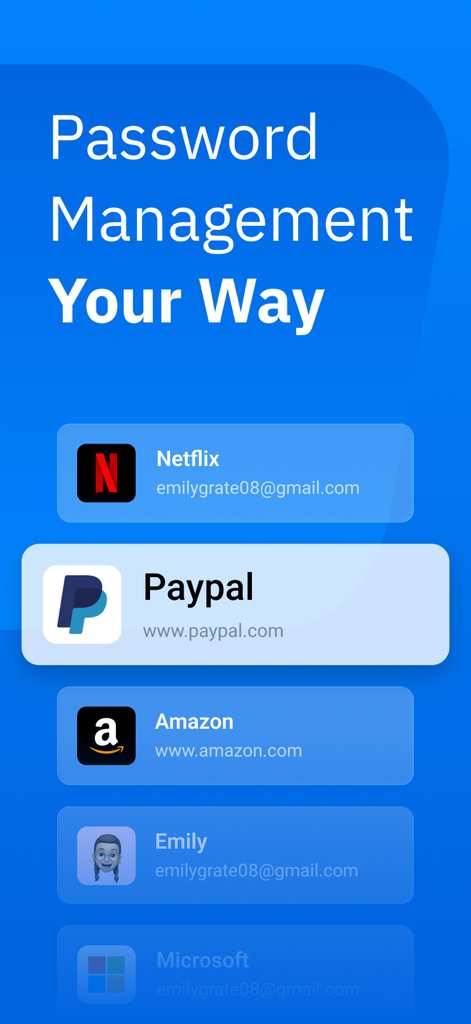 Enpass Password Manager - Enpass Password Manager app screen showing a list of saved digital accounts including PayPal, Amazon, and Netflix
