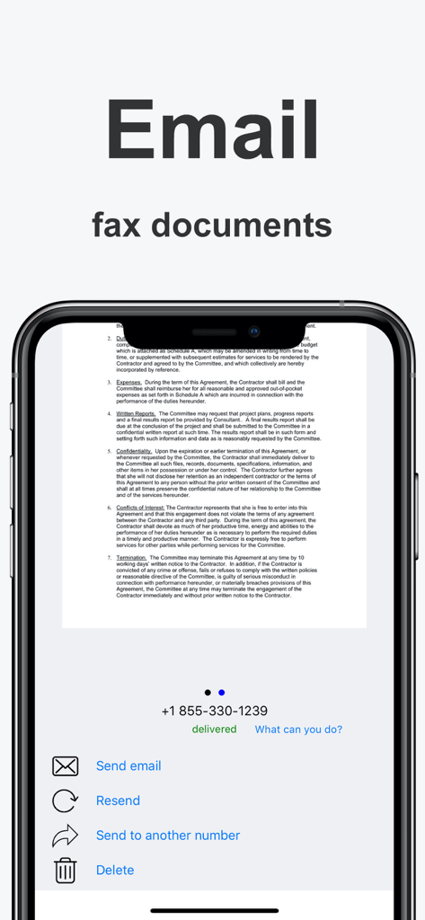 FaxGun app screen showing a delivered fax with options to email the document or send to another number.