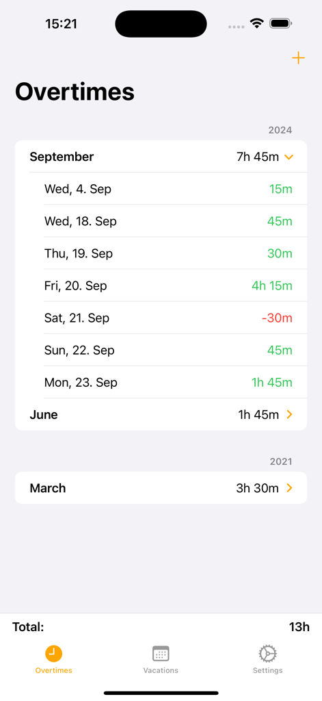 Overtime Tracker app interface showing a list of recorded hours by month and day