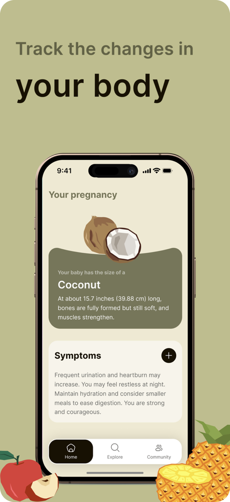 Schermata dell'app Eve che mostra il monitoraggio della gravidanza con le dimensioni del bambino come una noce di cocco e una sezione sui sintomi