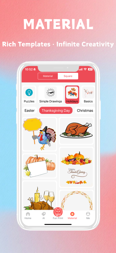 Fun Print - Fun Print app interface showing a collection of Thanksgiving holiday templates and stickers for thermal printing.