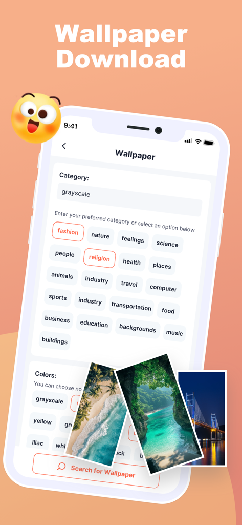 Echo Diary - Wallpaper & List - Interfaz de la aplicación Echo Diary para buscar y seleccionar fondos de pantalla estéticos por categorías como naturaleza y sentimientos.