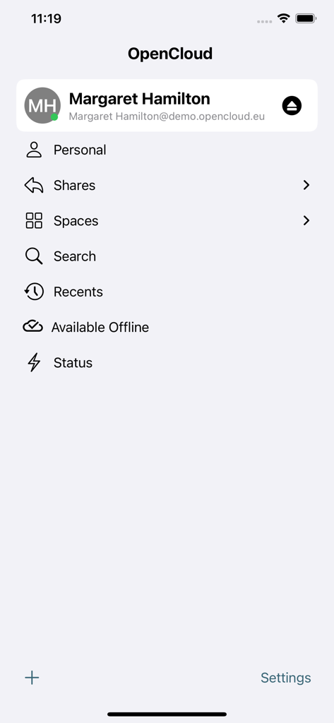 Menu principal de l'application mobile OpenCloud montrant le profil de l'utilisateur et les liens de navigation