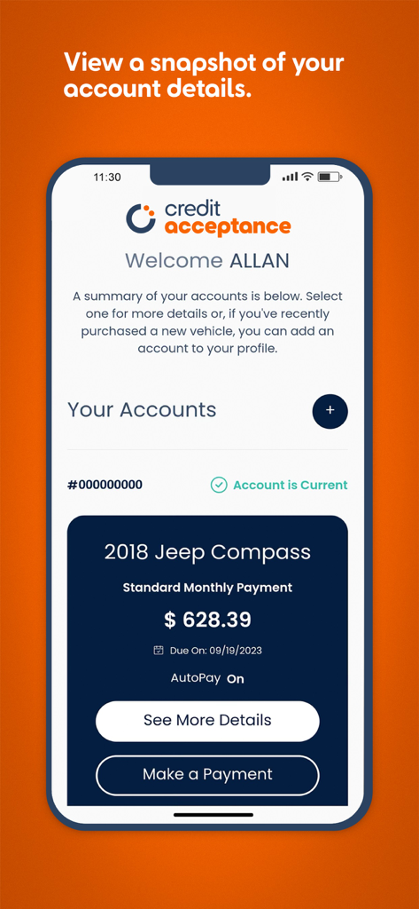 Credit Acceptance Mobile app dashboard showing car loan details and monthly payment information for a vehicle