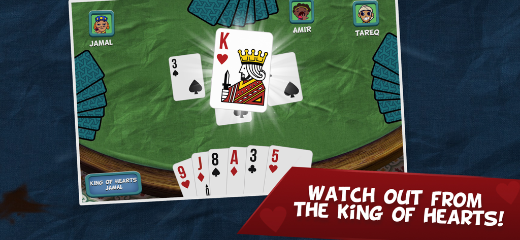 Trix:#1 Card Game Middle East - 緑色のテーブル上のKing of Heartsコントラクトとのラウンドを示すTrixカードゲームのゲームプレイ画面