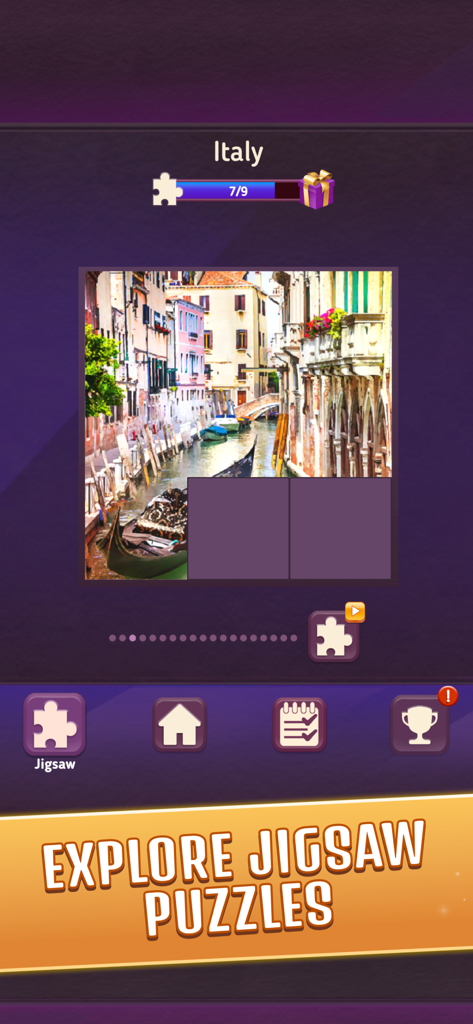 Block King Puzzle - Screenshot of the jigsaw puzzle mode in Block King Puzzle featuring a picture of Venice Italy with several pieces missing