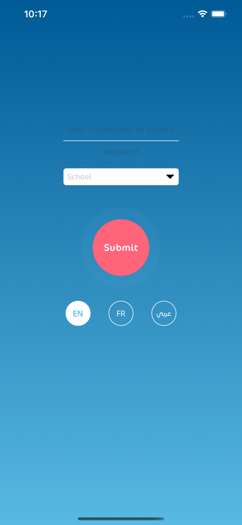 Login screen of the EduFlag V2 app with fields for user ID, password, school selection, and language options in English, French, and Arabic.