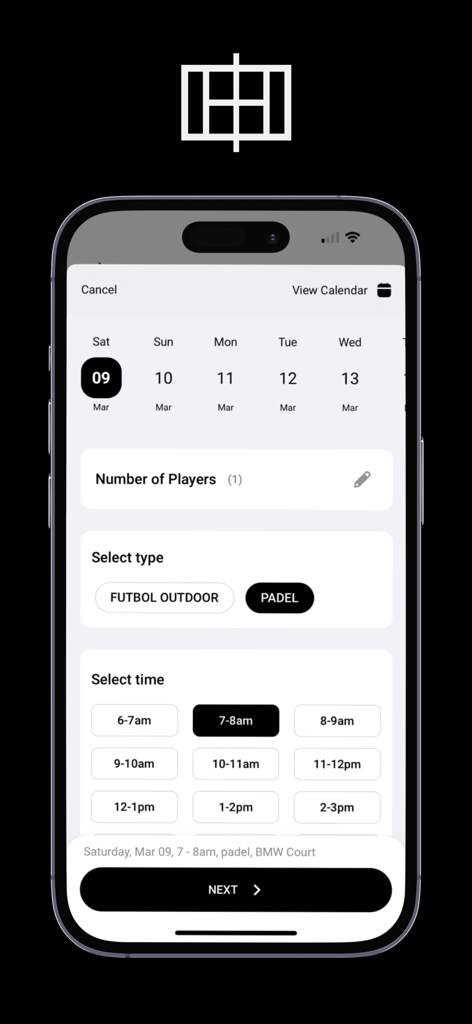 Centre Court App - Centre Court App mobile interface for selecting a date sport type and time slot for court booking