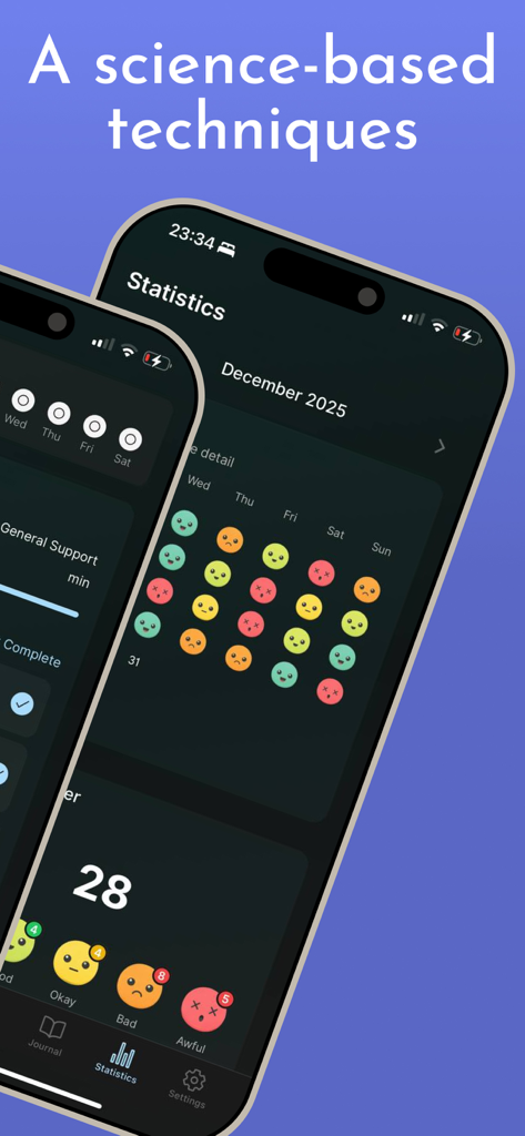CBT for Beginners - Mood tracking statistics and a monthly calendar with emotion icons in the CBT for Beginners app.