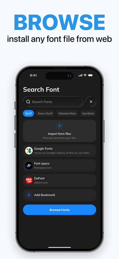 Una pantalla de búsqueda en la app Fontsia mostrando opciones para buscar e importar fuentes de fuentes como Google Fonts y DaFont