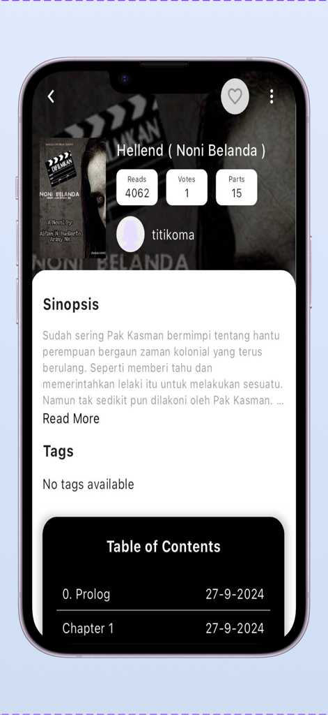 Titik & Koma - A mobile app interface of Titik & Koma displaying a book synopsis and table of contents.