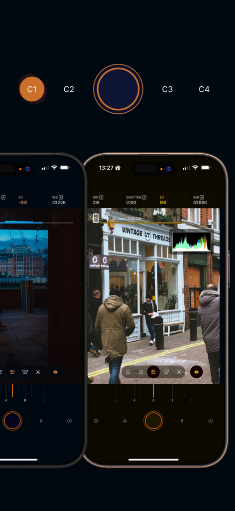 Pearla - Pro Filmic Camera - Pearlaプロカメラアプリのインターフェース。iPhone上でマニュアル露出およびカラー設定を表示しています。