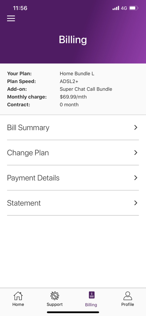 My TPG - Mobile app screen showing TPG account billing and plan details