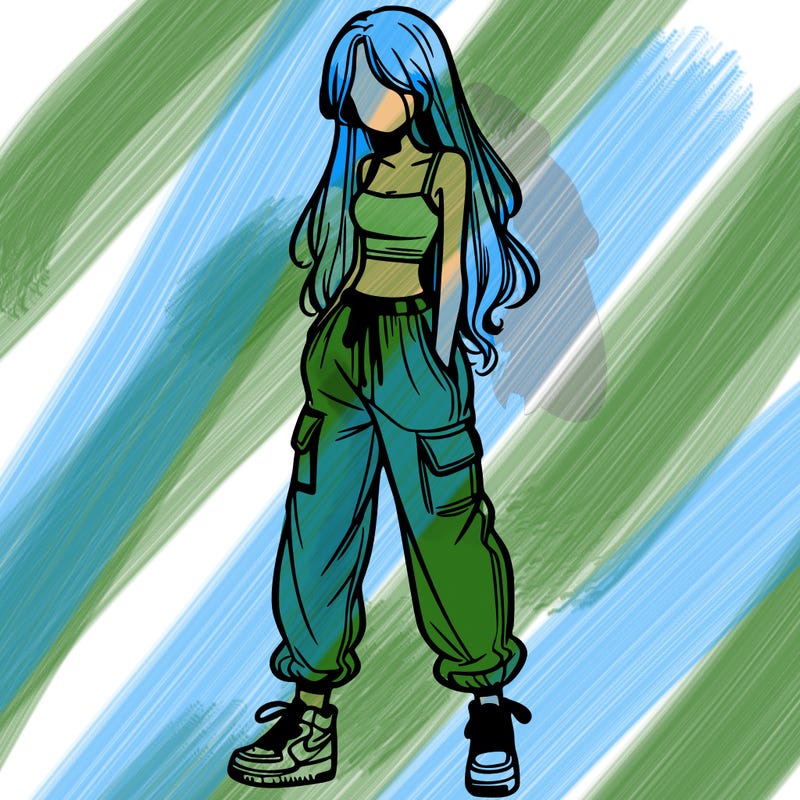 girl in baggy pants crop top and long hair