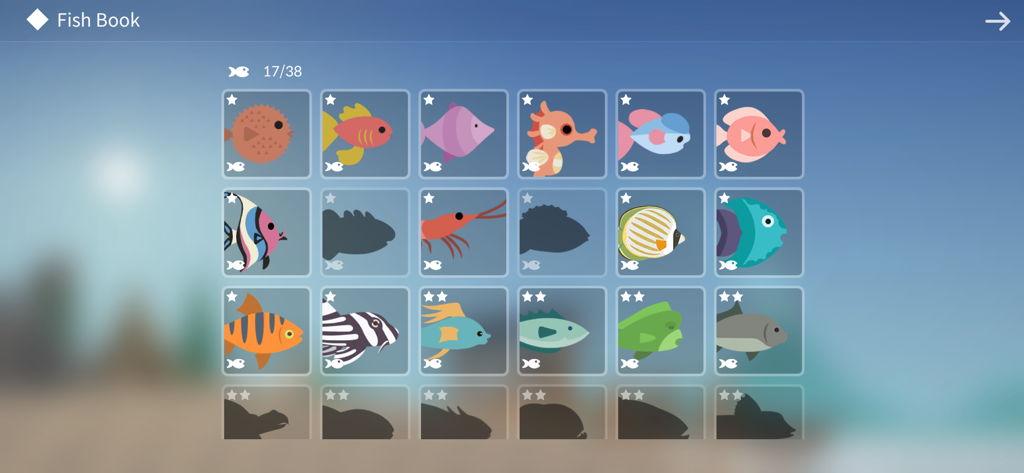 Casting Away - The Fish Book interface in Casting Away showing a collection of caught fish and mysterious silhouettes