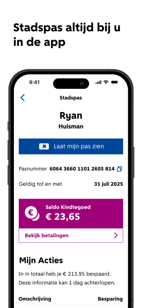 De Amsterdam App - A digital city pass interface on a smartphone screen showing user profile information and a child credit balance within the Amsterdam App.