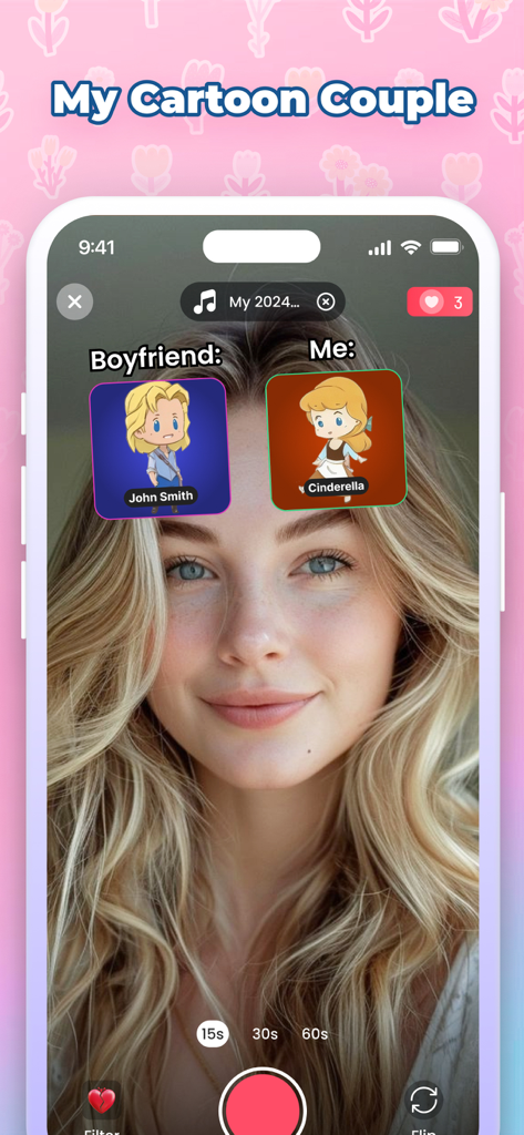 A woman using the My Cartoon Couple filter in the Love Tester app showing cartoon character predictions