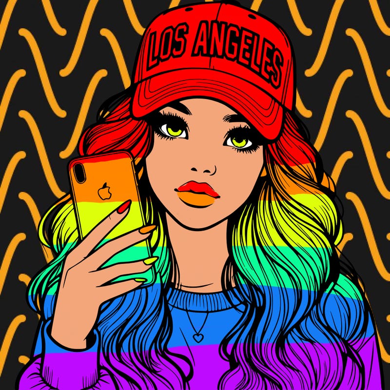 realistic beautiful girl wearing los ángeles cap holding an iphone