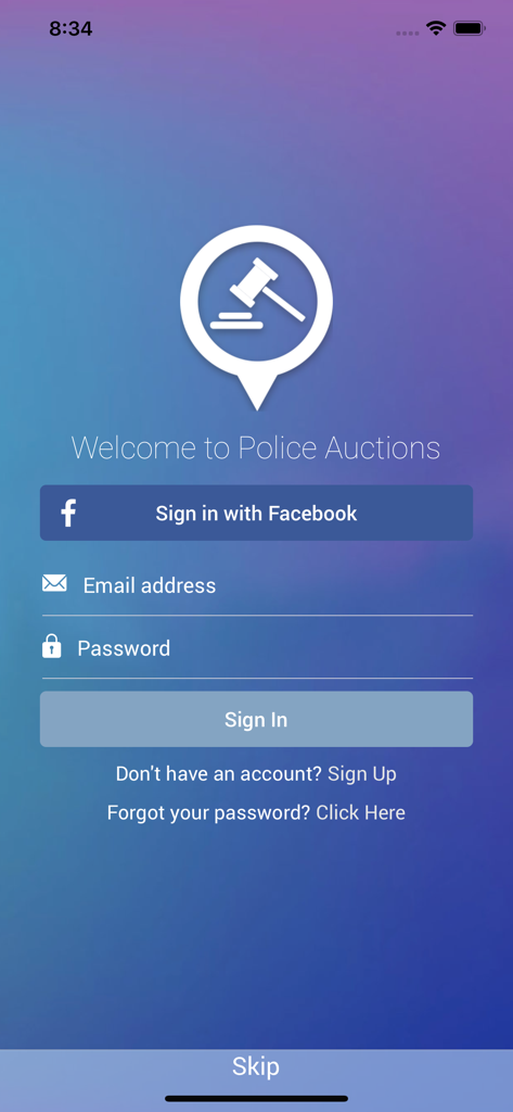 Die Anmeldeseite der Polizei-Auktionen-App mit Optionen zur Anmeldung mit Facebook oder E-Mail über einen blau-violetten Farbverlauf im Hintergrund.