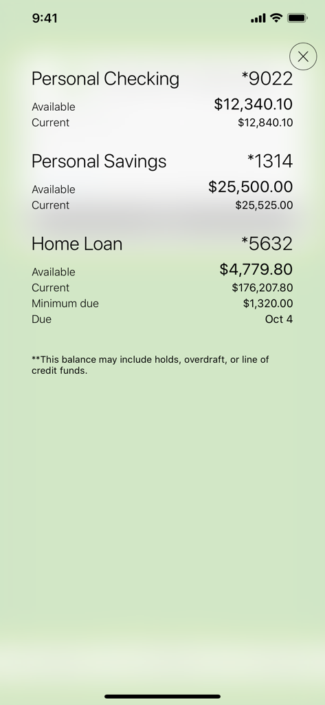 Mobile banking screen showing personal checking, savings, and home loan account balances