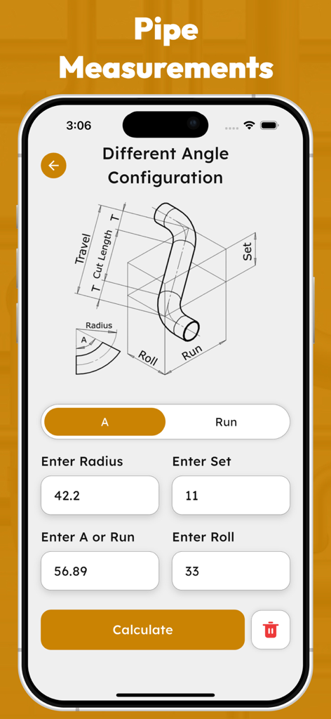 Mobile app interface for the Offset Pipe Calculator showing an isometric diagram and input fields for industrial pipe measurements.