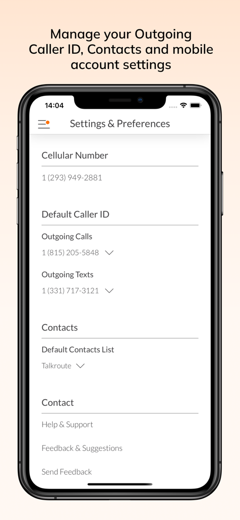 Talkroute app settings screen showing options to manage outgoing caller ID and contacts.