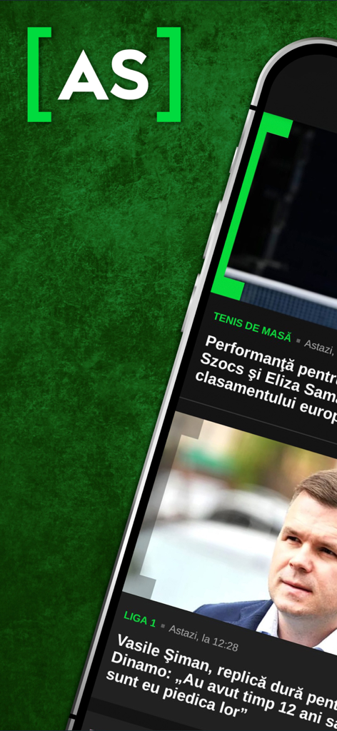 AntenaSport - AntenaSport mobile app interface showing sports news headlines for Romanian Liga 1 and table tennis.