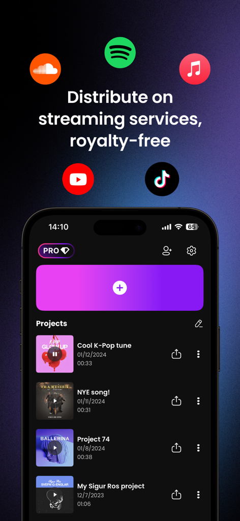 Overtune app interface showing a list of saved music projects and distribution options for major streaming platforms like Spotify and TikTok.