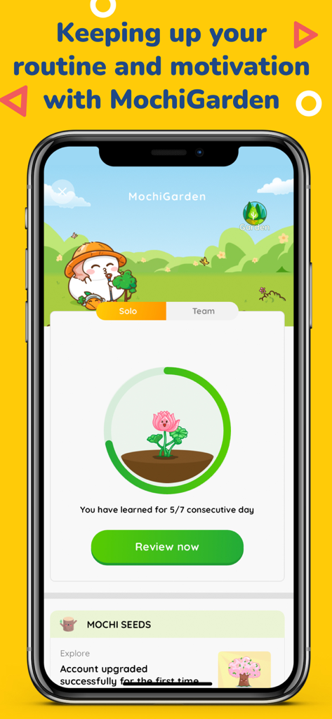 MochiKanji - Learn Japanese - Interfaz de MochiGarden en la app MochiKanji que muestra una racha de estudio de cinco días y una flor en crecimiento para motivar a los estudiantes.