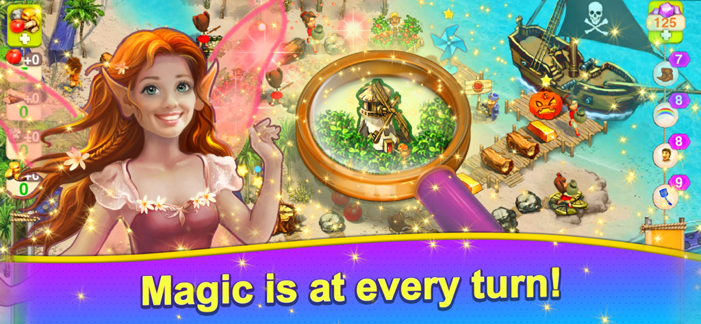 Brownies 2 게임에서 빨간 머리 요정 캐릭터가 마법 같은 풍경을 내려다보며 풍차에 돋보기를 집중시키고 있는 모습.